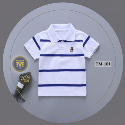 TM-101, White Step Cotton Polo T-Shirt For Kids