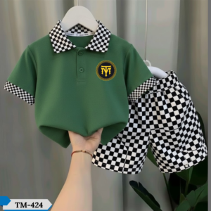 TM-424, Chess Green Cotton Polo T-Shirt Set For Kids