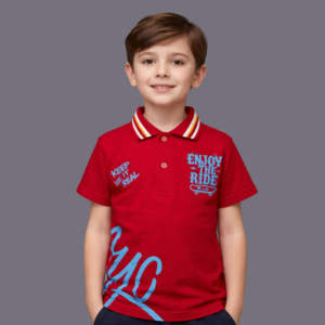Red Print Cotton Polo T-Shirt For Kids