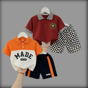 Chess Maroon/Made Orange Cotton Polo T-Shirt Set For Kids (2Pis Combo)