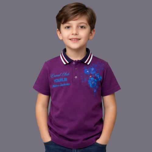 Deep Purple Print Cotton Polo T-Shirt For Kids