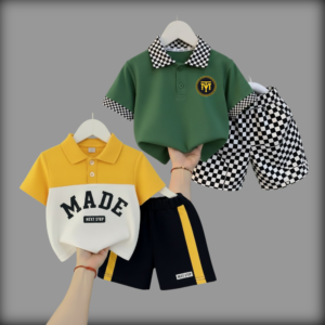 Chess Green/Made Yellow Cotton Polo T-Shirt Set For Kids (2 Set Combo)