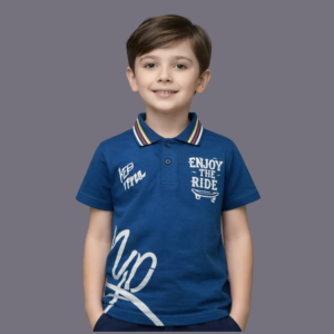 Deep Blue Print Cotton Polo T-Shirt For Kids