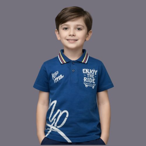 Deep Blue Print Cotton Polo T-Shirt For Kids