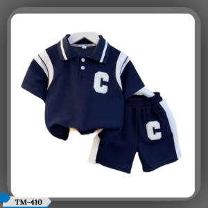 TM-410, C-Contrast Navy Cotton Polo T-Shirt Set For Kids