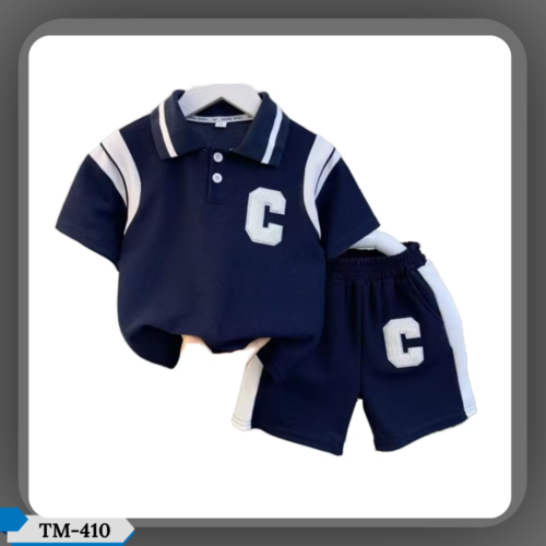 TM-410, C-Contrast Navy Cotton Polo T-Shirt Set For Kids