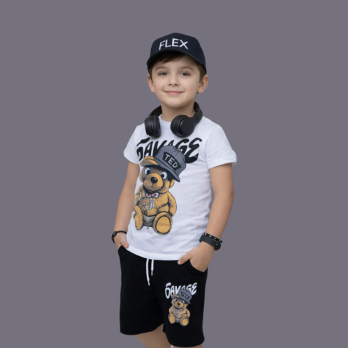 Savage Black Cotton Polo T-Shirt Set For Kids