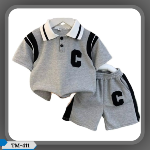 TM-411, C-Contrast Ash Cotton Polo T-Shirt Set For Kids