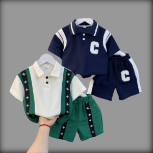 +Green/C-Contrast Navy Cotton Polo T-Shirt Set For Kids (2 Set Combo)