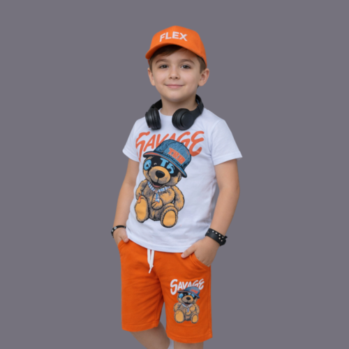 Savage Orange Cotton Polo T-Shirt Set For Kids