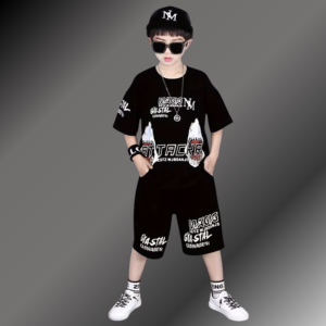 Attackr Black Cotton Polo T-Shirt Set For Kids