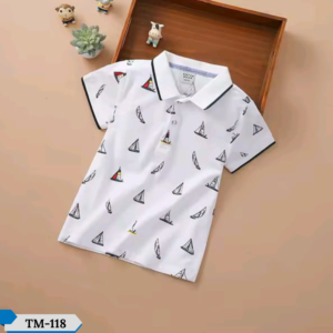 TM-118, White Print Cotton Polo T-Shirt For Kids