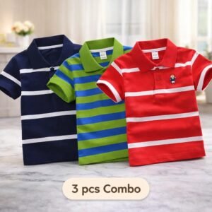 Cotton Polo T-Shirt For Kids (3 Pis Combo) Navy Blue+Parot Blue+Red