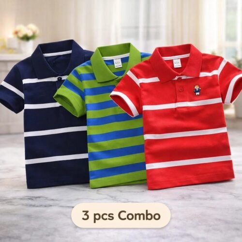 Cotton Polo T-Shirt For Kids (3 Pis Combo) Navy Blue+Parot Blue+Red