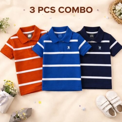 Cotton Polo T-Shirt For Kids (3 Pis Combo) Orange+Blue+Navy Blue