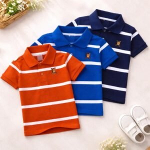 Cotton Polo T-Shirt For Kids (3 Pis Combo) Orange+Blue+Navy Blue