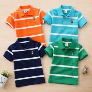 Cotton Polo T-Shirt For Kids (4 Pis Combo) Orange+Light Sky+Navy Blue+Green