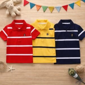 Cotton Polo T-Shirt For Kids (3 Pis Combo) Red+Yellow+Navy Blue