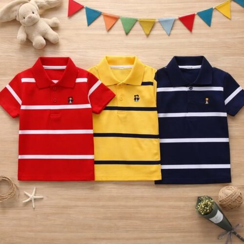 Cotton Polo T-Shirt For Kids (3 Pis Combo) Red+Yellow+Navy Blue