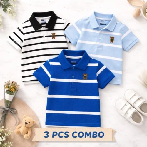 Cotton Polo T-Shirt For Kids (3 Pis Combo) Blue+Sky+White