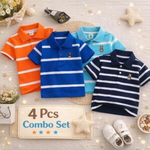 Cotton Polo T-Shirt For Kids (4 Pis Combo) Orange+Blue+Navy Blue+Light Sky