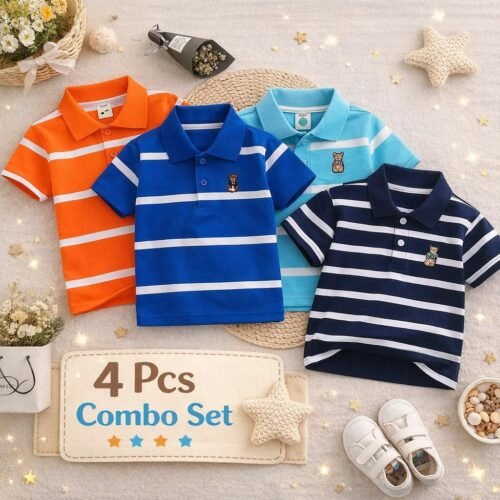 Cotton Polo T-Shirt For Kids (4 Pis Combo) Orange+Blue+Navy Blue+Light Sky