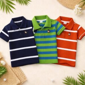 Cotton Polo T-Shirt For Kids (3 Pis Combo) Navy blue+Parot color+Orange